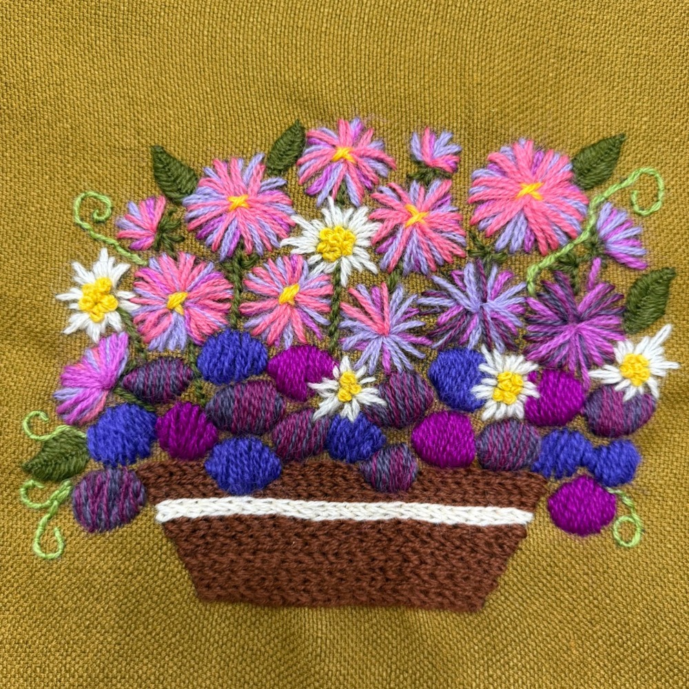 Vintage Paragon Needlecraft Completed Crewel Embroidery Floral Basket 70s
